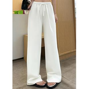 普洛克正品 系带亚麻白色休闲裤直筒裤女春秋新款宽松阔腿长裤子