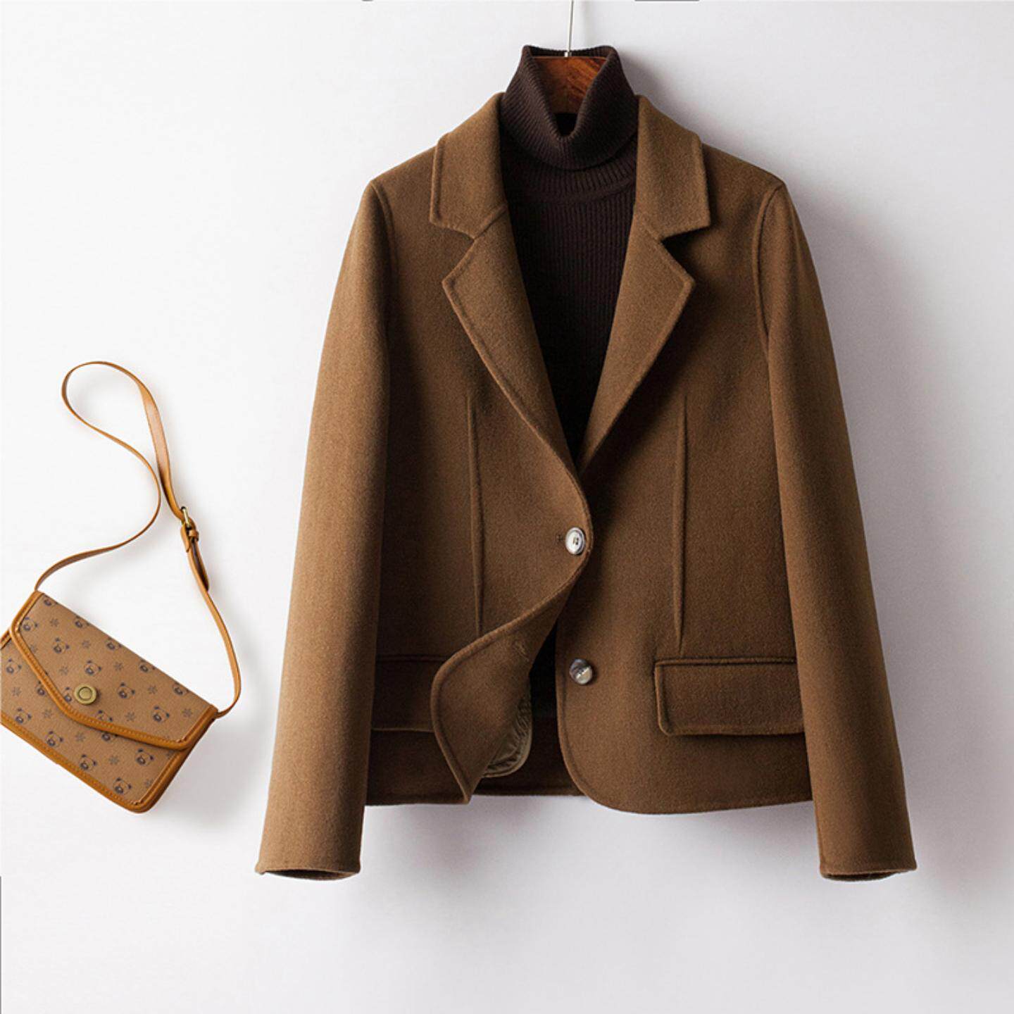 普洛克正品 秋冬大衣女装新款风衣韩系中长款高端驼色羊毛呢外套