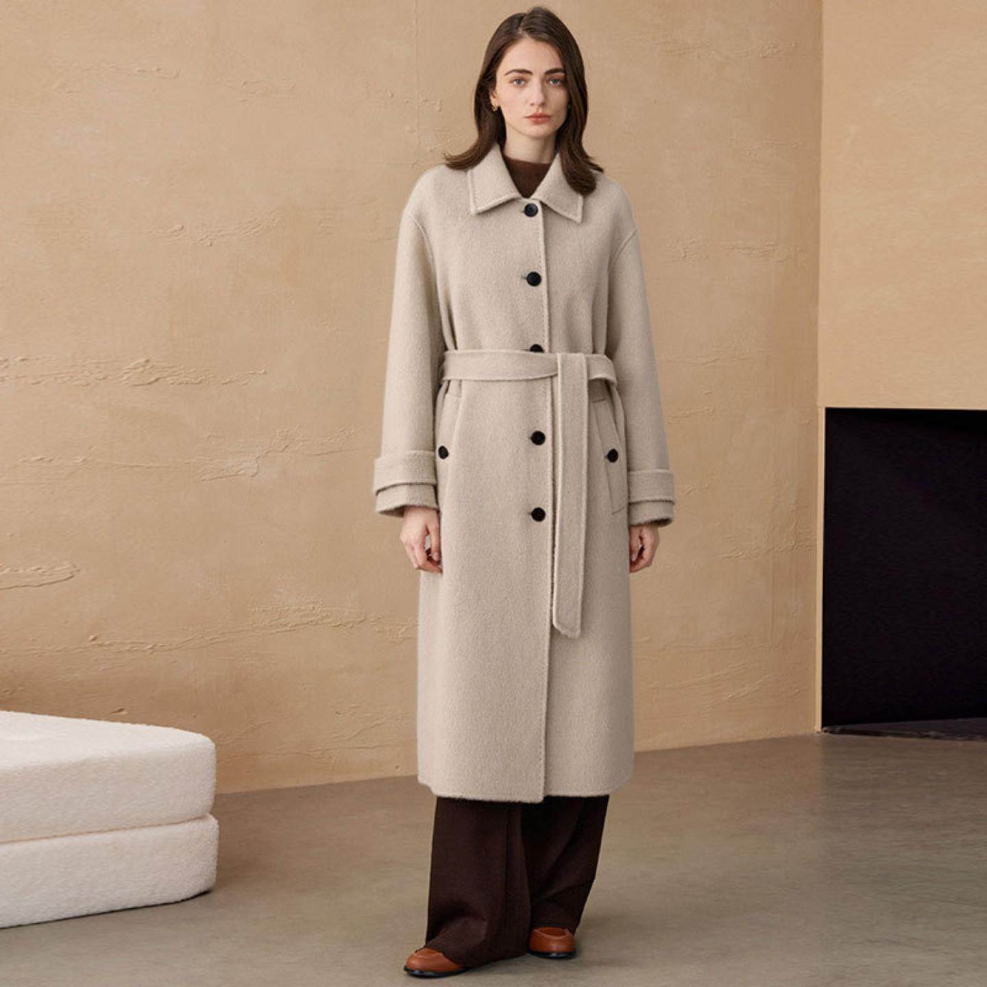 普洛克正品 山羊绒大衣气质轻奢白驼绒大衣双面呢EID风衣秋冬外套