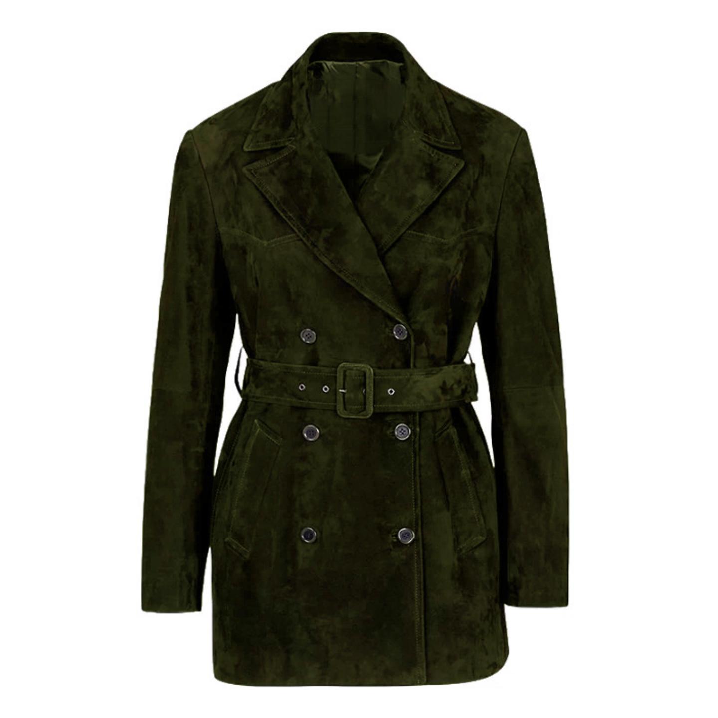 普洛克正品 真皮秋冬女装A级山羊反绒英伦风双排扣腰带中长款风衣