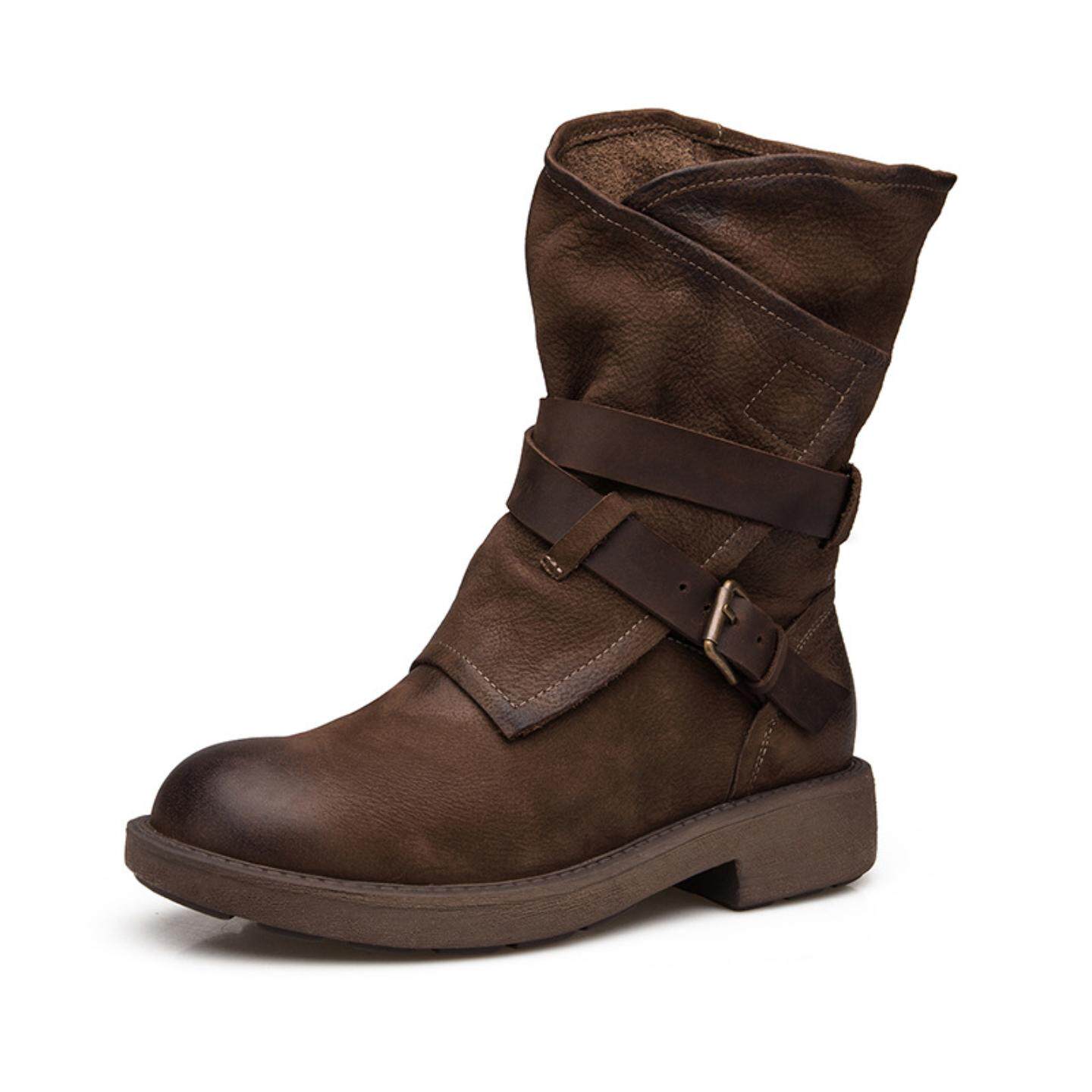 普洛克正品 头层牛皮秋冬女鞋中筒靴英伦风机车靴百搭皮带扣真皮