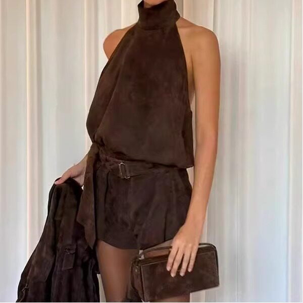 普洛克正品 A级山羊反绒真皮皮裤韩系腰带花苞性感中裤深咖色短裤