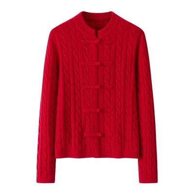 普洛克正品 山羊绒加厚女士毛衣 外套手工盘扣中式本面年红色开衫