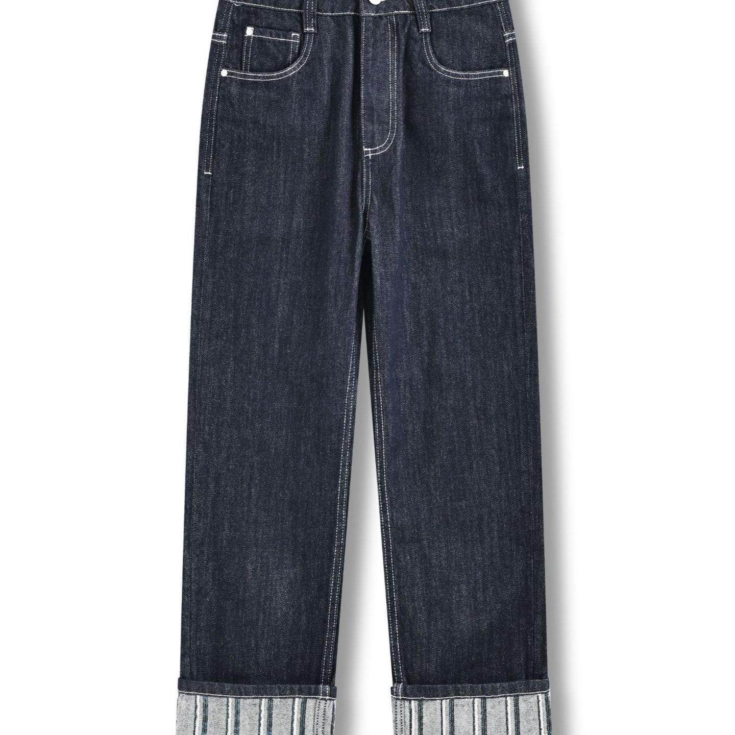 普洛克正品 高腰撞色阔腿牛仔裤复古蓝设计感高级感女冬季长裤子