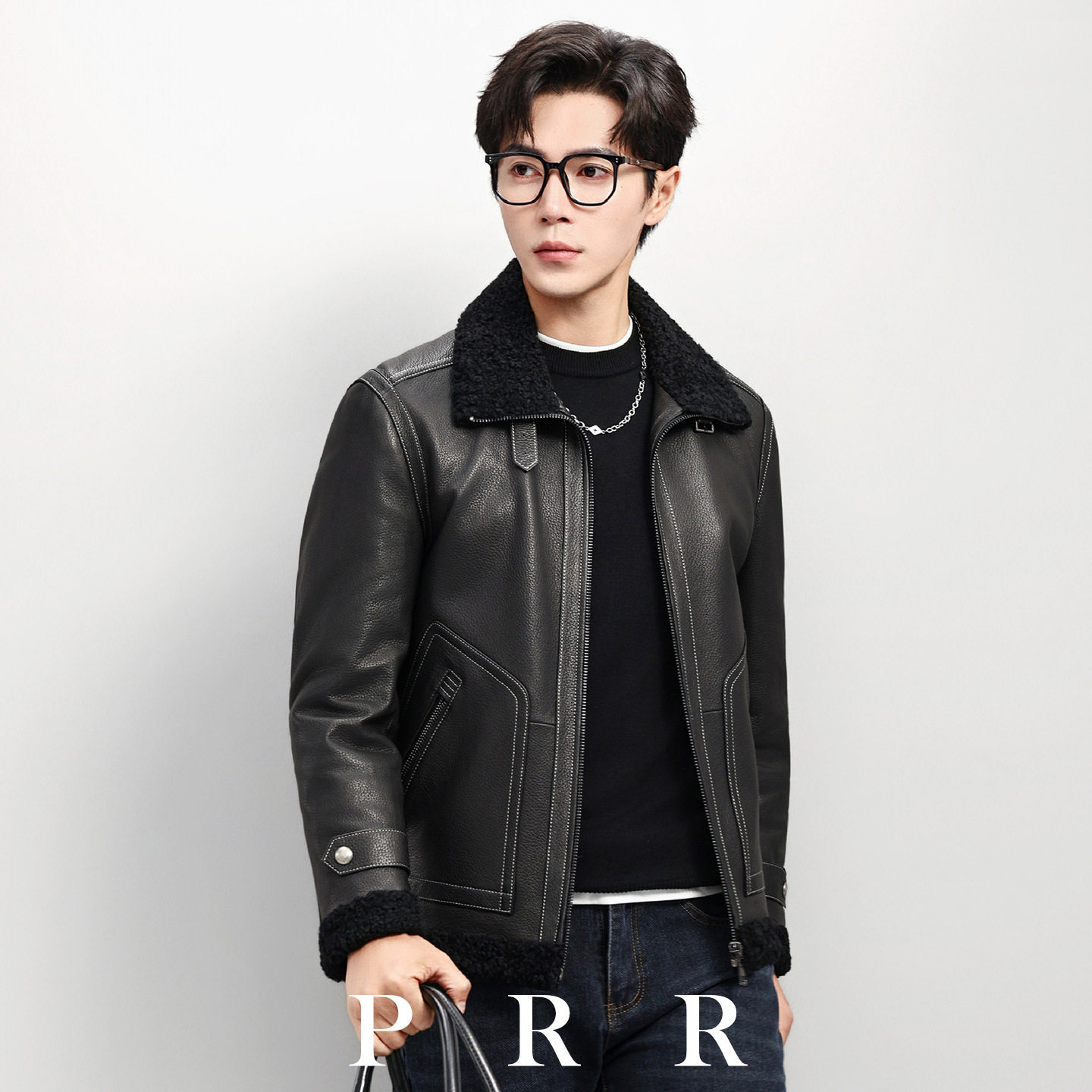 普洛克正品 山羊皮夹克真皮羽绒服秋冬季翻领羊羔毛领皮衣男外套