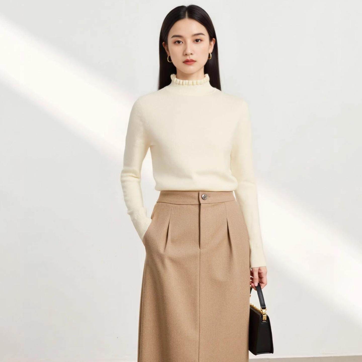 普洛克正品 针织衫女缝一体木耳边修身高领可机洗打底衫内搭毛衣