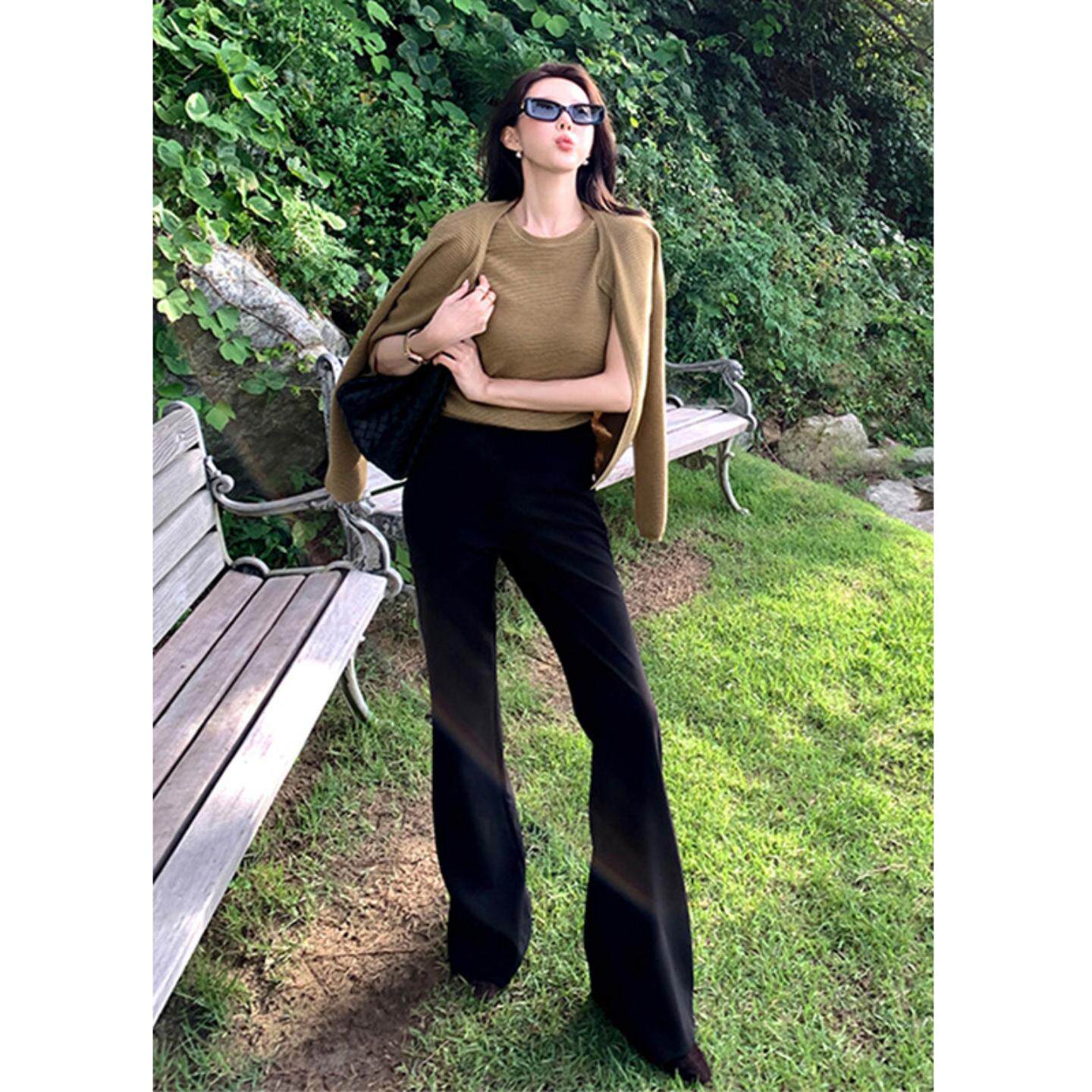 普洛克正品 瘦黑色微喇西装裤长裤女春秋冬新款垂坠感拖地女裤子