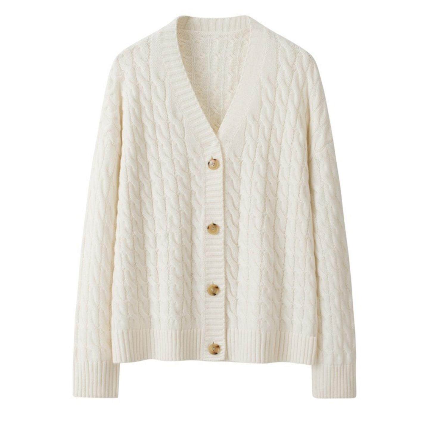 普洛克正品 秋冬山羊绒百搭色V领麻花加厚针织开衫宽松简约女毛衣