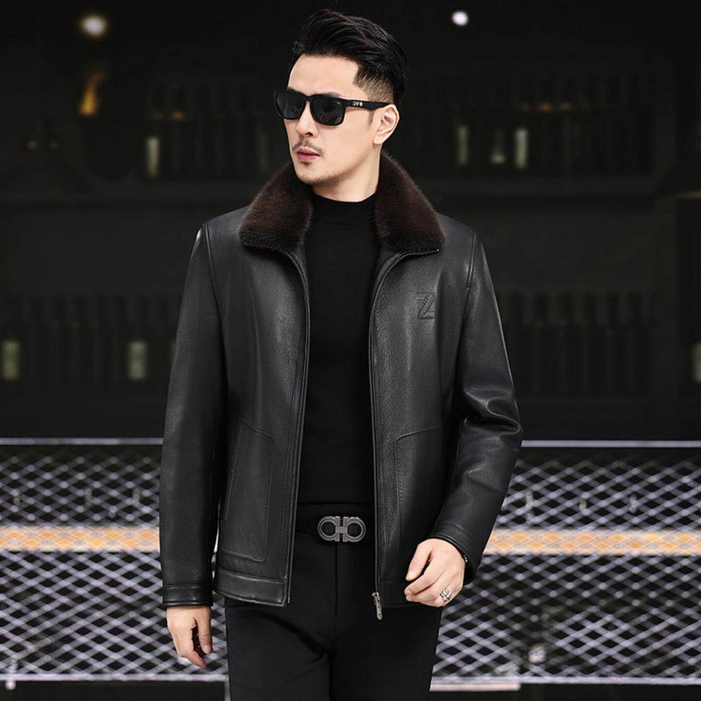 新款海宁男式山羊皮真皮皮衣男翻领羽绒内胆皮克服夹克外套