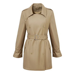 普洛克正品  中长款收腰系带风衣女小个子双排扣翻领通勤外套