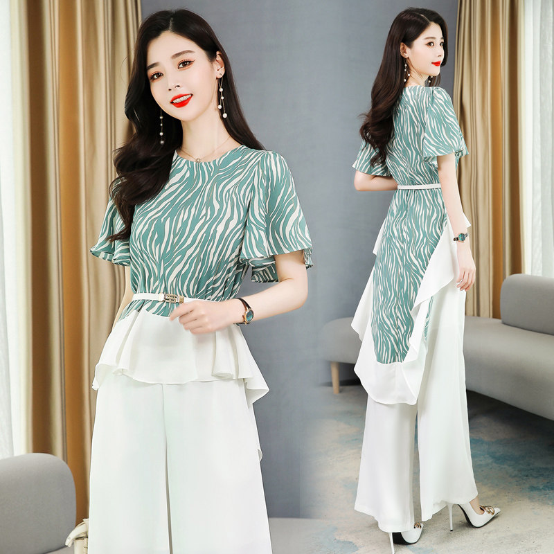 2021 summer new pattern Stitching color suit Dovetail Short sleeved jacket Solid Straight Broad leg trousersin the Women's clothing/Boutique , Set/Student uniforms/Work uniforms , Fashion Set  category - from Buy2taobao.com to provide professional Taobao agent buy service