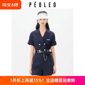 飘蕾2024夏季新款复古港风双排扣开叉短袖西装连体裤女peoleo