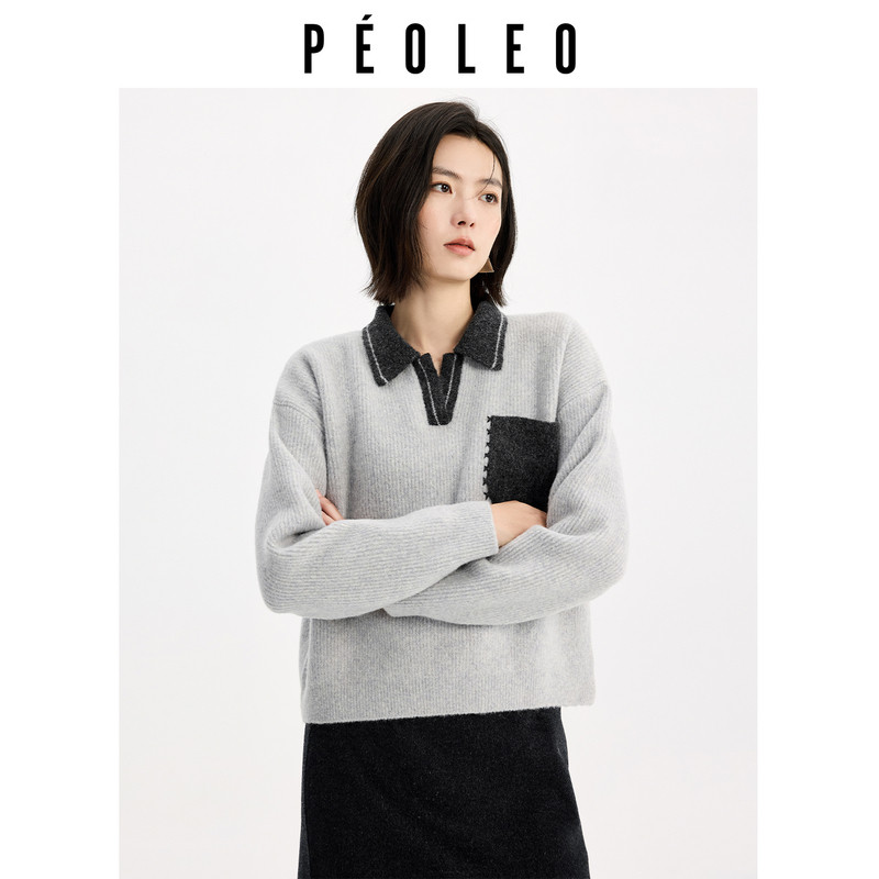 【3件95折】飘蕾撞色翻领学院风针织衫冬宽松拼接口袋绵羊毛别致