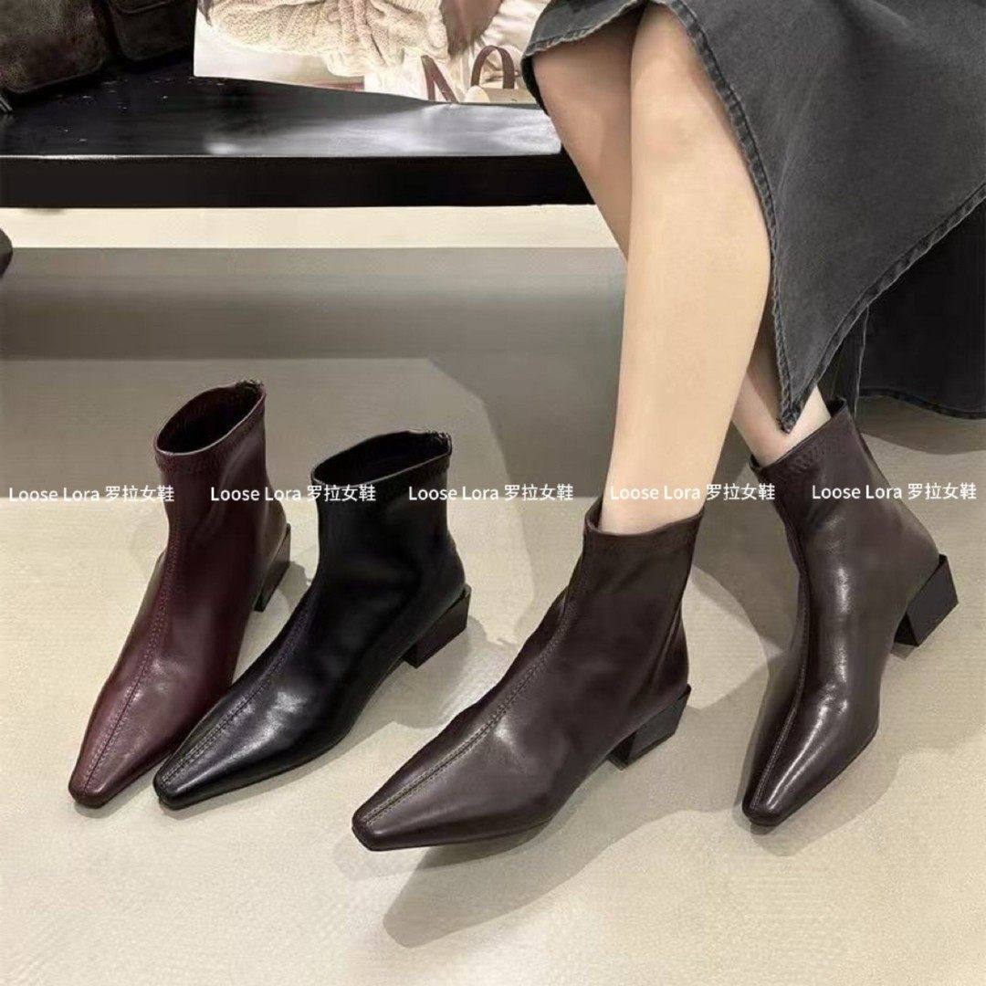 4cm复古精致大樱桃粗跟尖头短靴女简约气质瘦瘦靴软皮中跟马丁靴,女鞋,弹力靴/袜靴,淘宝优惠券,粉丝福利购,淘宝优惠卷