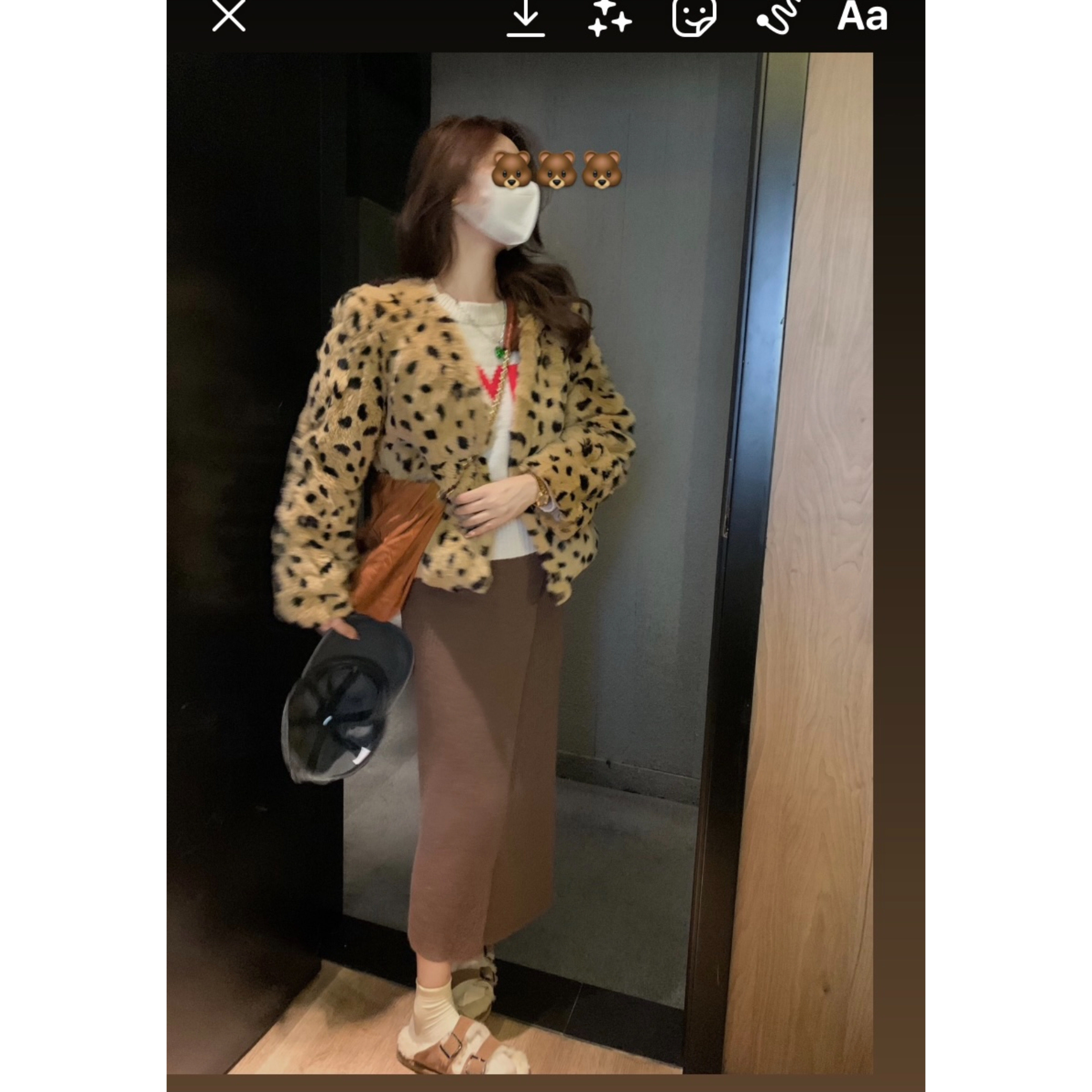 （吴大笑）冬季新品时髦的豹纹女士獭兔毛V领皮草外套百搭