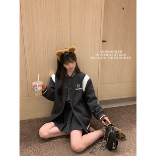 （吴大笑）布丁海港～学院风百搭显瘦拼接撞色棒球羽绒服半裙套装