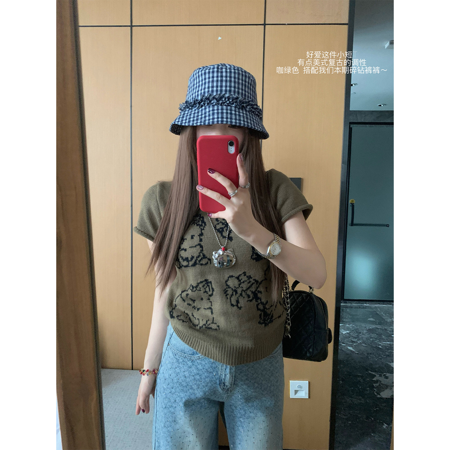 （吴大笑）绿调软趣～美式复古洋气可爱卡通图案针织圆领卷边短袖