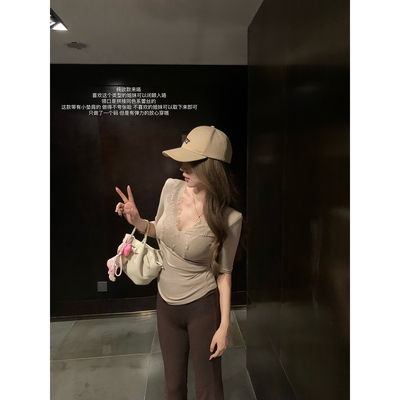 （吴大笑）七月序言～纯欲氛围感蕾丝花边V领修身显瘦百搭中袖女