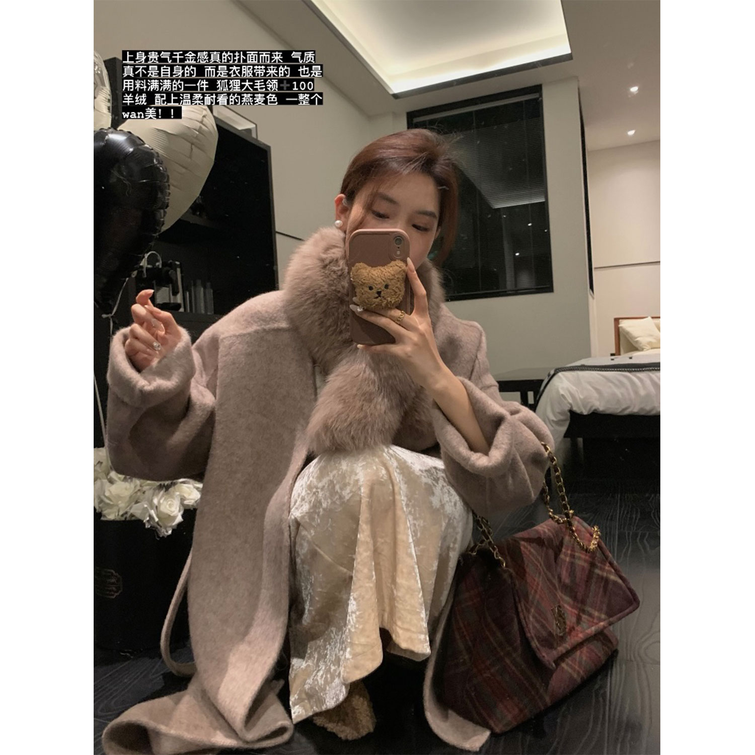 （吴大笑）月下山茶花～温柔气质一百羊毛狐狸毛领腰带大衣长外套