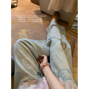 吳大笑 聚焦夏日～甜酷喵咪刺繡休閑感百搭遮肉高腰闊腿牛仔褲