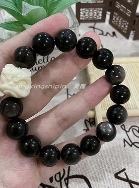 天然银曜石醒狮手链国风情侣手串