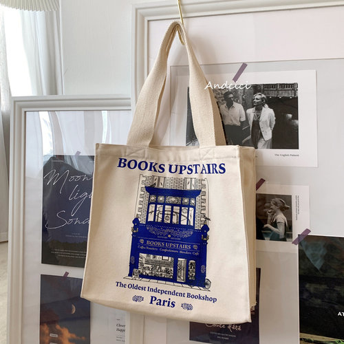 ANDCICI◆法国巴黎书店vitage烫金复古帆布袋男女学生书包托特包