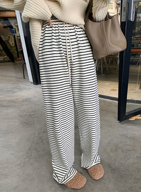 黑白条纹裤女宽松显瘦慵懒风阔腿裤女高腰垂感斑马纹休闲拖地长裤