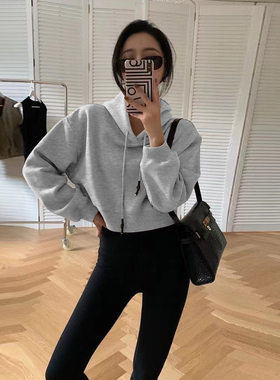 连帽短款卫衣女小个子宽松韩版2024新款休闲时尚高腰套头长袖上衣