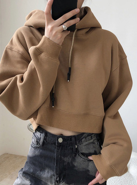2025女装冬季新款休闲上衣宽松显瘦长袖内搭加绒连帽短款卫衣女