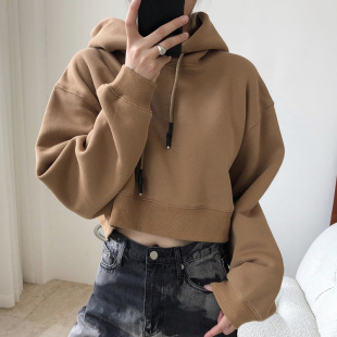 内搭加绒连帽短款 2025女装 休闲上衣宽松显瘦长袖 新款 卫衣女 冬季