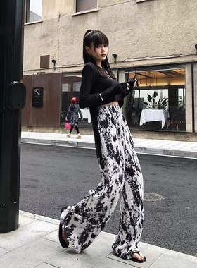 2023夏阔腿裤女高腰垂感夏季薄款墨染压褶牙签裤宽松显瘦拖地长裤