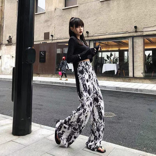 2023夏阔腿裤女高腰垂感夏季薄款墨染压褶牙签裤宽松显瘦拖地长裤