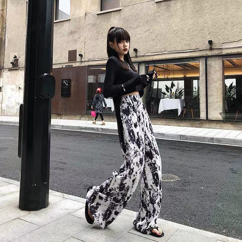 2023夏阔腿裤女高腰垂感夏季薄款墨染压褶牙签裤宽松显瘦拖地长裤