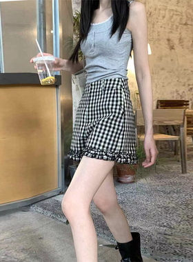 LSAS原创韩版黑白格花边短裤夏高腰百搭格子女宽松显瘦花边休闲裤