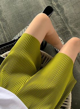 A7seven百褶阔腿短裤女夏季绿色韩版高腰显瘦外穿宽松黑色休闲裤