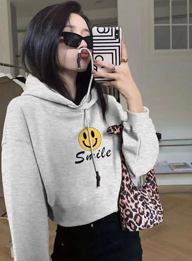 美式复古印花短款套头连帽卫衣女秋字母印花抽绳显瘦高级纯棉上衣