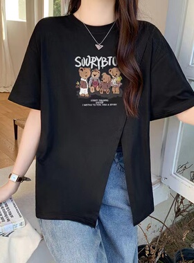 春夏新款休闲不规则开叉印花t恤女设计感百搭宽松短袖上衣2024年