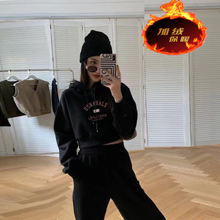 设计感高领连帽时尚 印花字母卫衣女2025秋冬纯棉百搭上衣 加绒短款