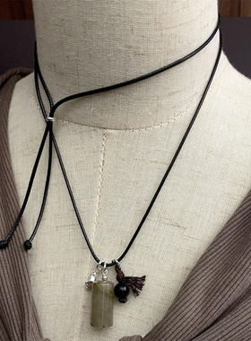 S925银天然黄发晶虎眼红玛瑙抽拉皮绳长款项链套装小众简约高级感