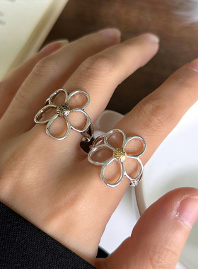 韩版东大门饰品女小众设计925银戒指开口冷淡风镂空花朵指环百搭