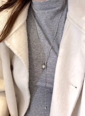 韩系银色吊球抽拉流苏毛衣链简约精致项链女小众设计感颈链锁骨链