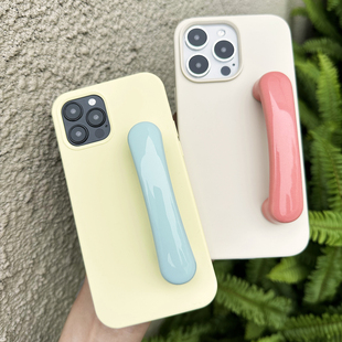 ins少女韩范适用于iphone15pro14小红书火 TRstudio原创设计陶瓷把手支架液态硅胶手机壳彩色撞色可手持个性