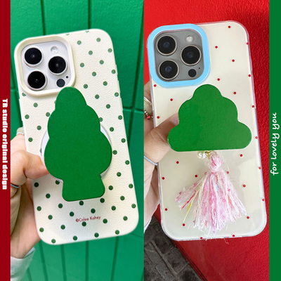 TRstudio原创设计小树木支架手机壳流苏吊饰波点全包软壳适用于iphone16promax1514少女心可爱夏天仿皮纹壳