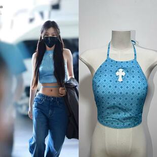 蓝色挂脖肚兜上衣吊带度假风性感露背小众 法式 网红虞书欣同款 新款