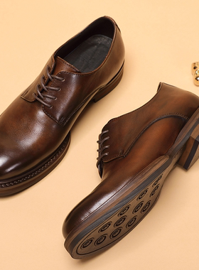 英伦复古手工休闲皮鞋男牛皮商务正装厚底增高德比鞋240621-HSW