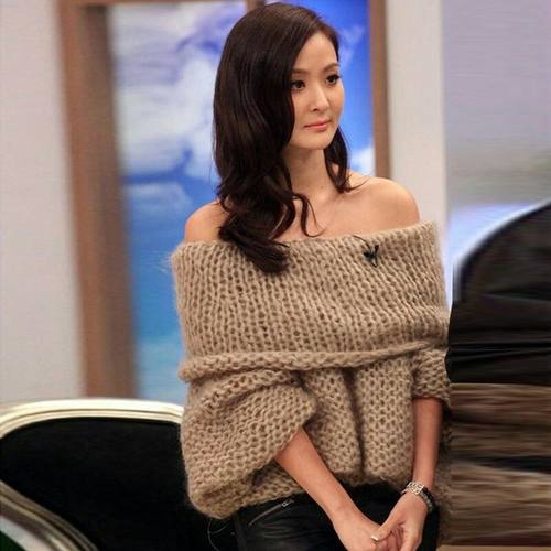 2025秋季明星孙芸芸同款毛衣露肩一字领宽松套头粗线打底衫女纯色