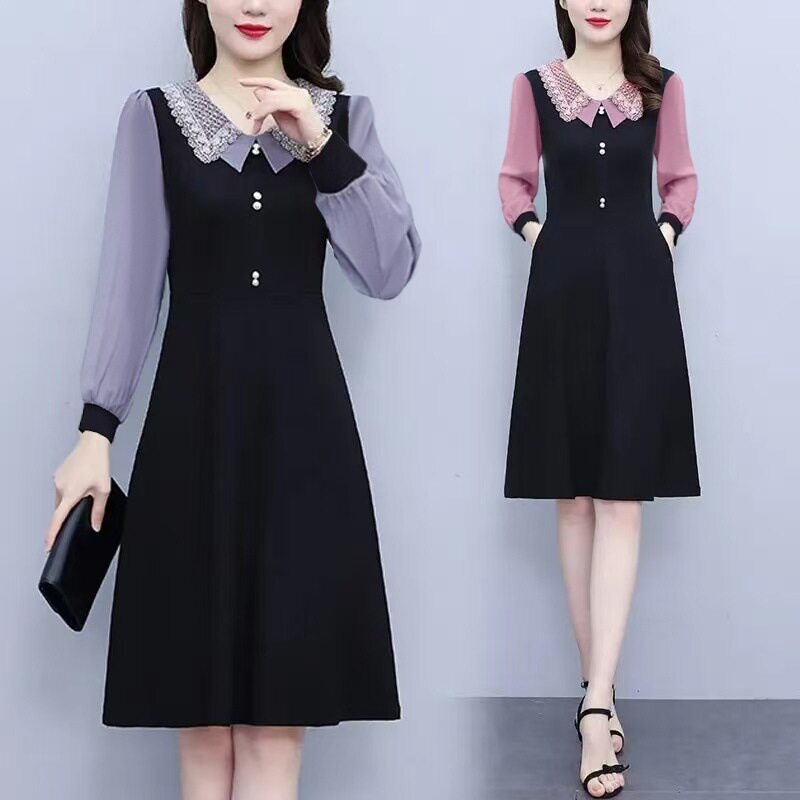 高档连衣裙新款春装女时尚拼接显瘦字裙法式收腰大码女装小黑裙