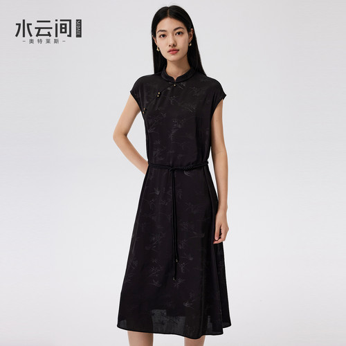 水云间黑色新中式改良旗袍连衣裙女国风提花收腰裙子2026夏季新款