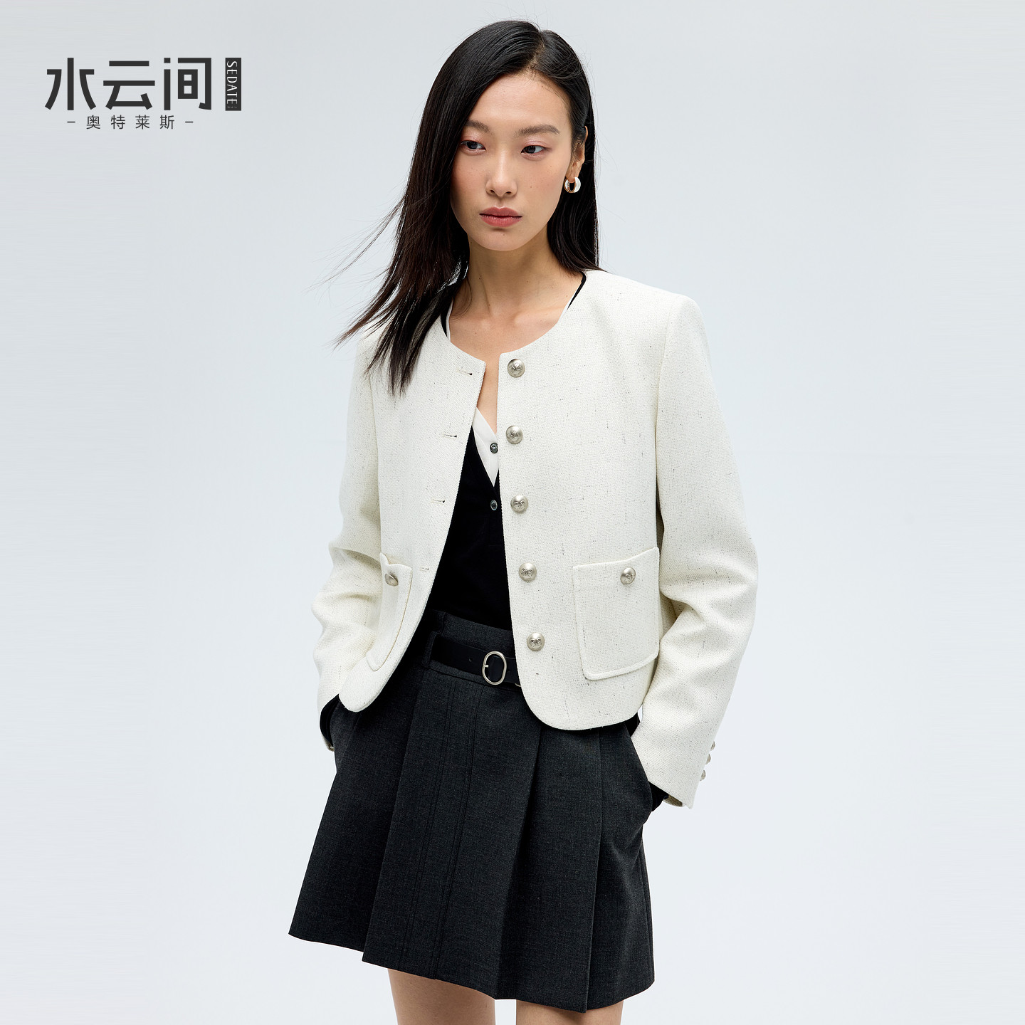 水云间白色粗花呢小香风外套女短款正肩上衣轻奢风通勤2026春新款,女装/女士精品,短外套,淘宝优惠券,粉丝福利购,淘宝优惠卷