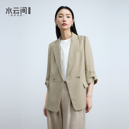 水云间杏色极简直身小西装外套女士七分袖老钱风西服2026夏季新款